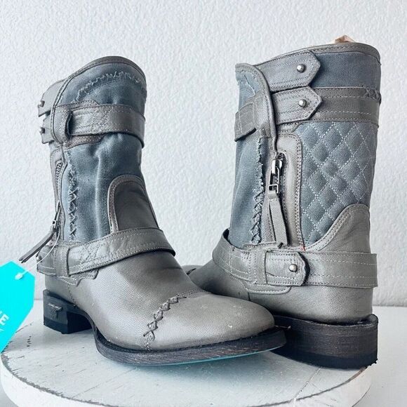 Lane Boots Womens Gray Leather Canvas Mid-Calf Western Moto Style Zip Size 7.5 - Picture 1 of 11